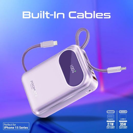 Picture of Promate 20000mAh Ultra Compact 35W SuperSpeed™ Power Bank with Built-In USB-C & Lightning Cable - Purple