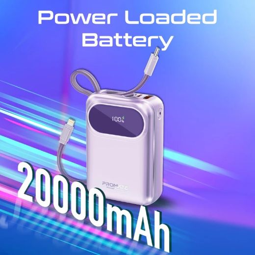 Picture of Promate 20000mAh Ultra Compact 35W SuperSpeed™ Power Bank with Built-In USB-C & Lightning Cable - Purple