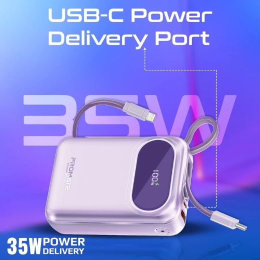 Picture of Promate 20000mAh Ultra Compact 35W SuperSpeed™ Power Bank with Built-In USB-C & Lightning Cable - Purple
