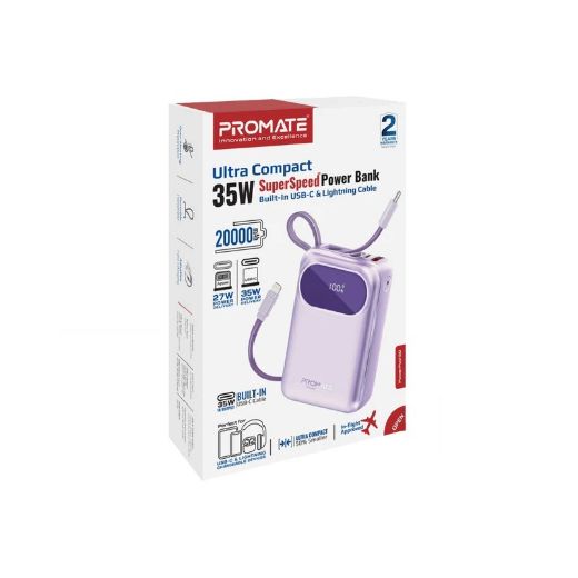 Picture of Promate 20000mAh Ultra Compact 35W SuperSpeed™ Power Bank with Built-In USB-C & Lightning Cable - Purple